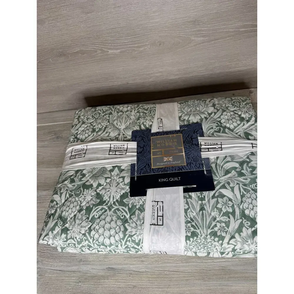 William Morris King Quilt- Sunflower / Evergreen - Green White NEW